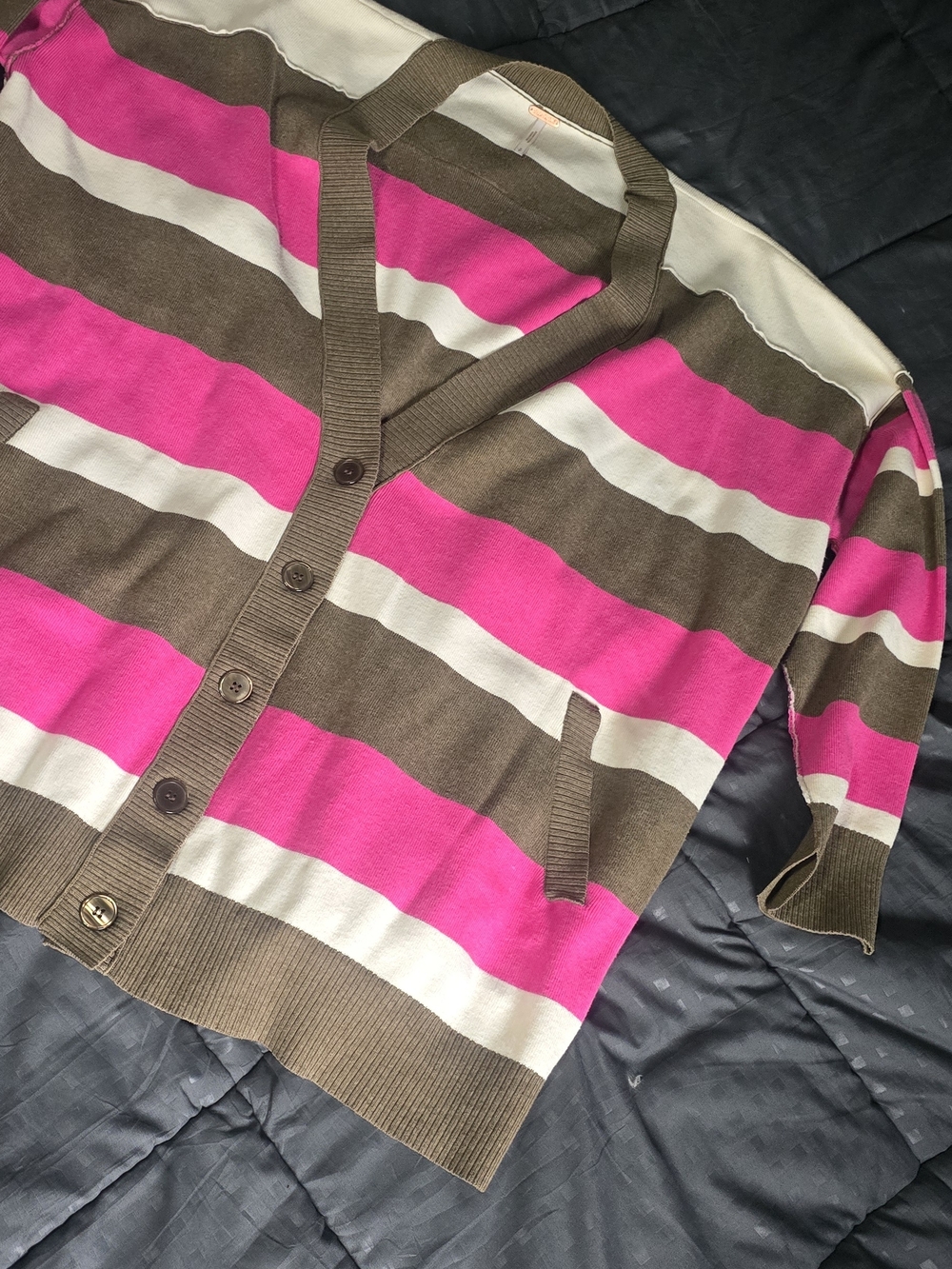 Free People Striped V‑Neck Cardigan in Hot Pink, Brown & Cream